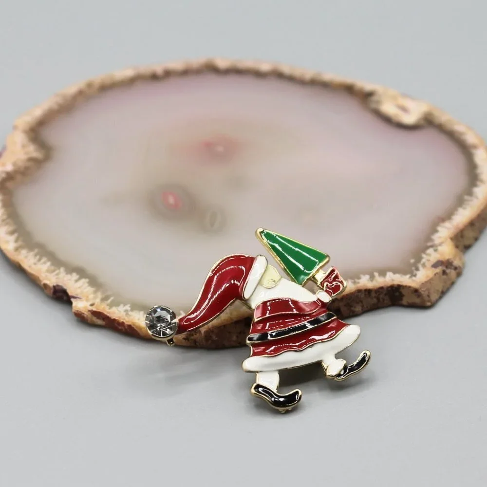 Santa Christmas Tree Holidays jewelry pin brooch fashion red green gold tone